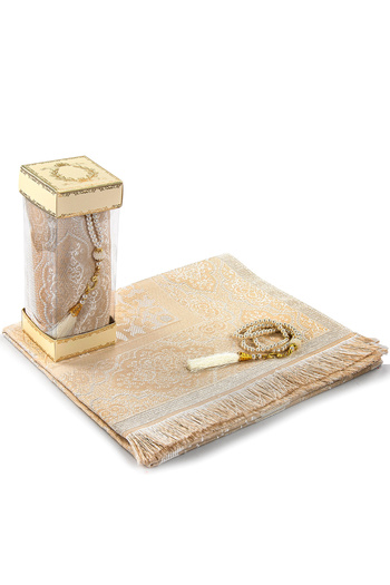 İhvan Cream Colored Dear Mother Prayer Mat and Pearl Prayer Beads Set with Window