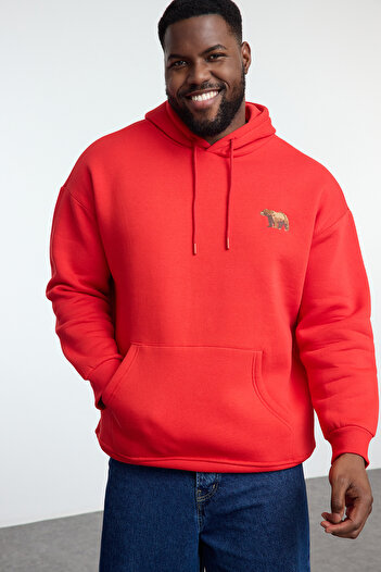 Trendyol Collection Plus Size Red Oversize/Wide Cut Hooded Fleece Inside Sweatshirt Tmnaw25Ao00005