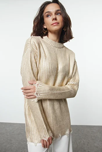 Trendyol Modest Πλεκτό πουλόβερ με σχέδιο χρυσού φύλλου - TCTAW25AK00037
