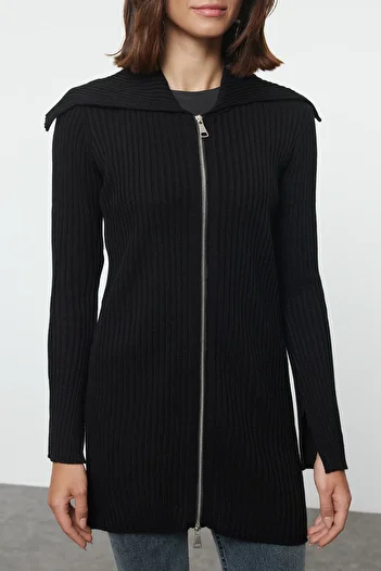 Trendyol Modest Široký límec černý pletený cardigan - zip Tctaw25Th00013