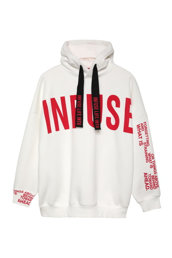 Quzu Ecru Hooded Sweatshirt - Sleeve and Front Text Printed