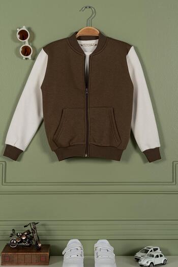 for you kids Zippered Garnished Kangaroo Pocket Brown Boy's Jacket