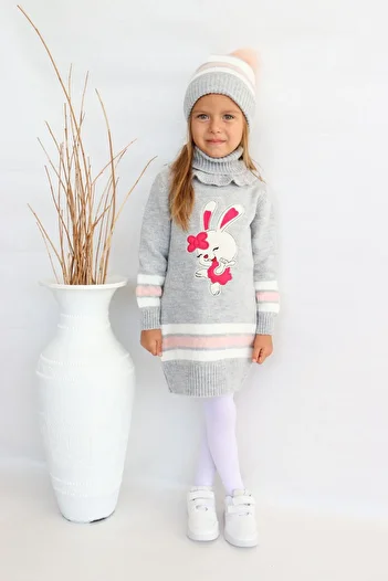Sevimli Girl - Beret and Neck Collar Knitwear Sweater and Dress 3-Piece Set