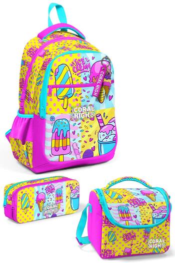 Coral High 3-Piece Ice Cream Patterned Children's School Bag Set - SET0123645