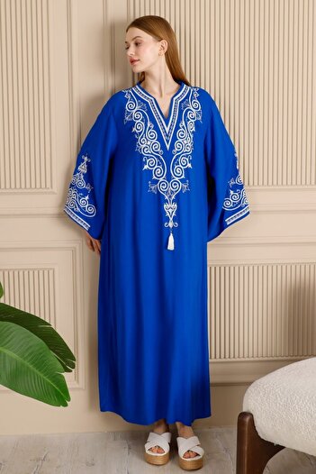 Eceyaman moda women's blue and white sleeves and collar embroidery detailed Battal plus size dress