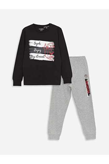 LC Waikiki LCW Kids Bisiklet Yaka Beşiktaş Baskılı Uzun Kollu Erkek Çocuk Pijama Takımı