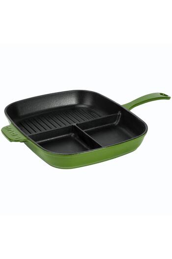 Lava Cast Rectangular 3 Compartment Grill Pan Cast Iron Solid Handle Size: 26x30 Cm