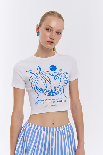 Quzu White Crop T-Shirt - Palm Print Detailed