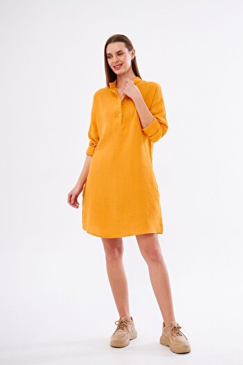 Yıldızistan Women's Muslin Tunic Shirt Dress - Long Sleeve, High Collar, Pocket, Casual Summer 3520260