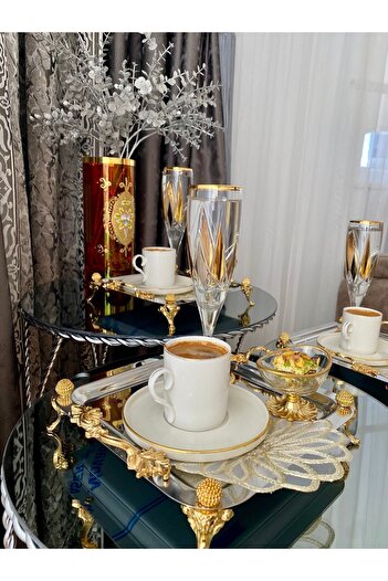 atabey home collection 2'li Kahve & Çay & Sunum Tepsisi Lüx Ayaklı ve Kulplu Paslanmaz 22 CM