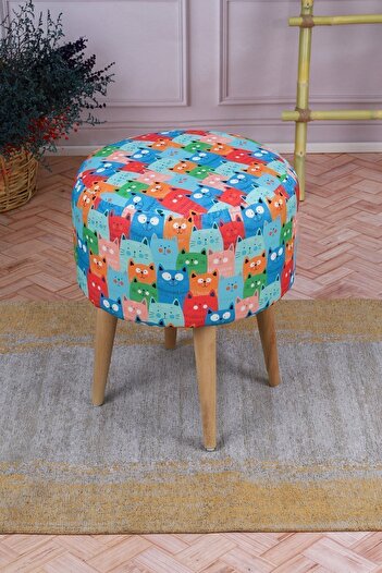 PufyHome Etna Cat Çok Amaçlı Rahat Oturumlu Doğal Ahşap Ayaklı Dekoratif Puf
