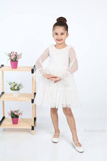 ÇocukYoluKids Puantiyeli Tüllü Beyaz Kız Çocuk Elbise