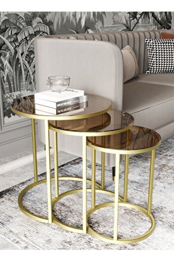 Dekoport Milas Gold (ESKİTME) Zigon Sehpa - Bronz Cam