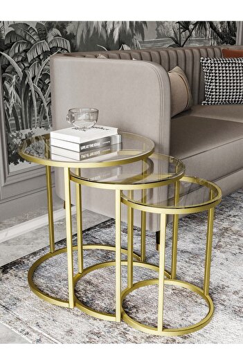 Dekoport Milas Mat Gold (ESKİTME) Zigon Sehpa - Temperli Şeffaf Cam