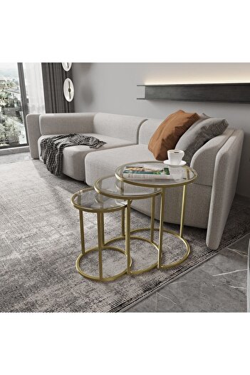 Dekoport Milas Mat Gold (ESKİTME) Zigon Sehpa - Temperli Şeffaf Cam