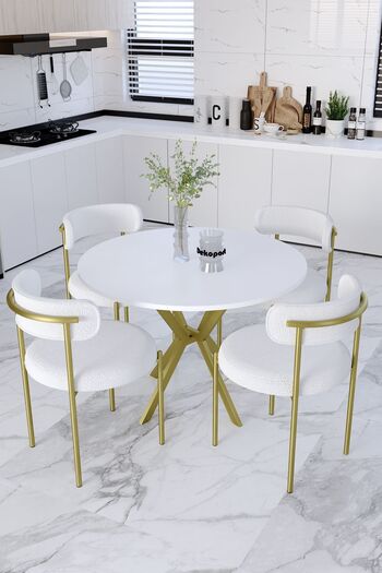 Dekoport Mina Masa Sandalye Takım 90 Cm Masa Gold(ESKİTME) 4 Sandalye Teddy Sandalye Bukle - Teddy Kumaş
