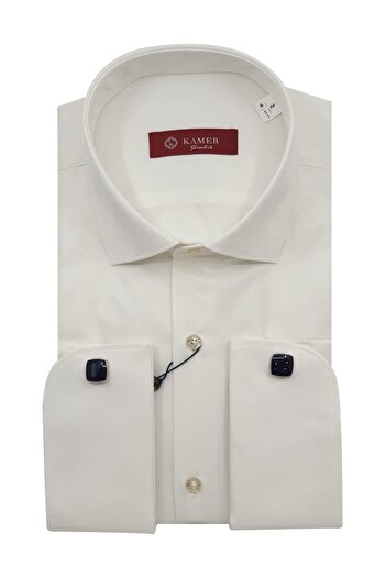 KAMER Cream Satin Men's Shirt - Slimfit, Double Cuffs, Cufflinks, Classic Collar 2104Kr