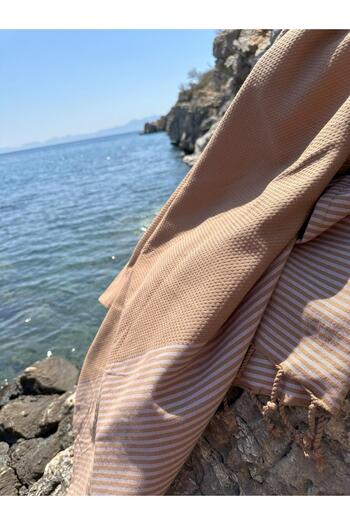 Denizli Concept Tobacco Color Striped 100% Cotton Selge Peshtemal - 100X200 cm - Tasseled Beach & Peshtemal