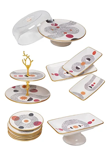 Aybelife Geo White Gold Gilded Dowry Set - 13 Piece Stoneware Cake Serving Presentation Plate