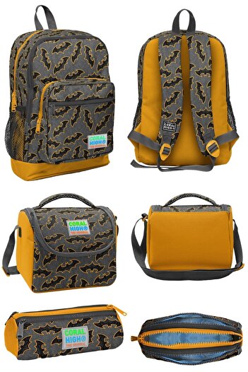 Coral High Dark Gray Bat Patterned School Backpack - Four Compartment Lunch and Pencil Bag Set of 3