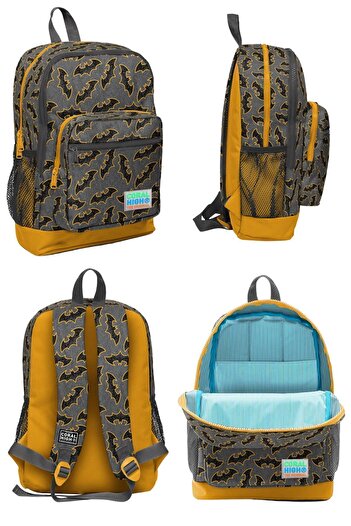 Coral High Dark Gray Bat Patterned School Backpack - Four Compartment Lunch and Pencil Bag Set of 3