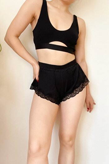 İntive Lingerie Delilah Women Black Lace Detailed Women Cotton High Waist Short Fancy Shorts
