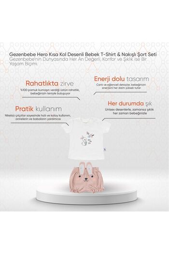 Gezenbebe Hero Kısa Kol Desenli Bebek T-shirt & Nakışlı Şort Seti Bunny