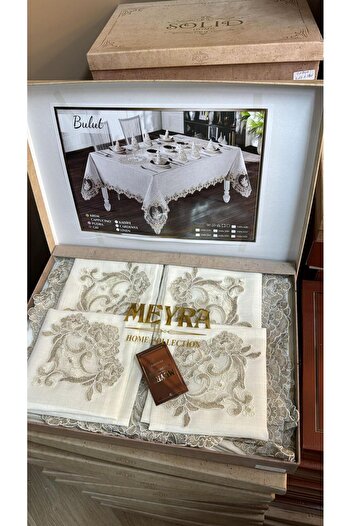 Çt Çeyizci Tekstil Linen Cream Dining Set - 12 Persons, 26 Pieces, French Lace Tablecloth