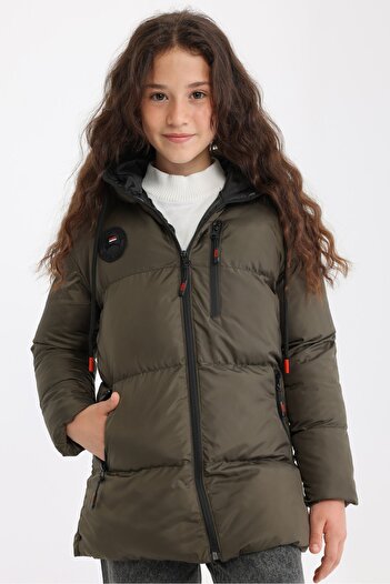 QAWWA Girl's Khaki Fiber Hooded Windproof Inflatable Winter Jacket