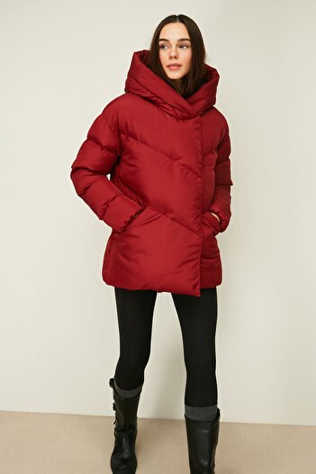 QAWWA Women's Red Fiber Hooded Windproof Puffer Winter Jacket