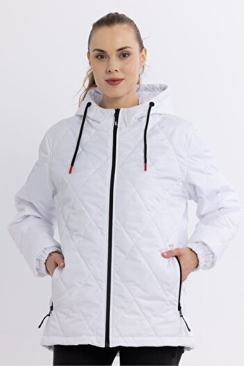 QAWWA Women's Diamond Pattern Hooded White Ultra Light Seasonal Coat
