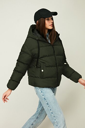 QAWWA Women's Khaki Hooded Fiber Windproof Puffer Winter Jacket