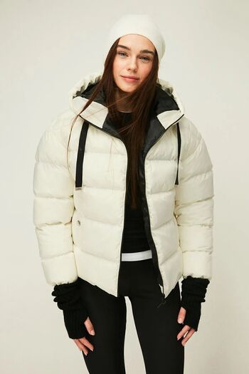 QAWWA Women's Beige Hooded Fiber Windproof Puffer Winter Jacket