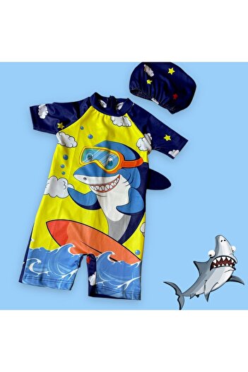 Lolliboomkids Boy Short Sleeve Back Zipper Surfer Shark Pattern Hipster Swimming Swimsuit Bonnet Gift