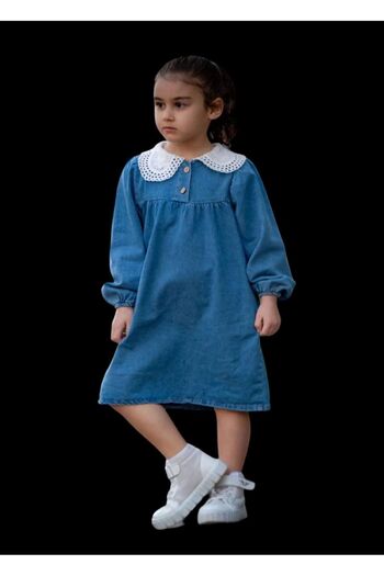 Lolliboomkids Kız Çocuk Örgü Bebe Yaka Uzun Kollu Kot Elbise