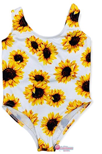 Lolliboomkids Kız Çocuk Sunflower Ayçiçeği Desen Beyaz Üzeri Baskılı Mayo Yeni Sezon
