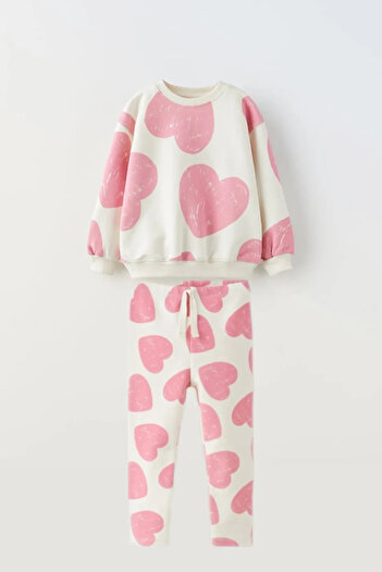 Lolliboomkids Girl's Heart Patterned Cotton Sweatshirt Tights Bottom-Top Set Pink White Color