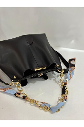 Chocolate Women's Scarf Soft Leather Bag with Chain Accessories Black.