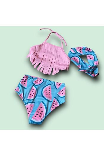 Lolliboomkids Σετ μπικίνι με φούντα για κορίτσια ψηλόμεσο καρπούζι με στάμπα παστέλ ροζ