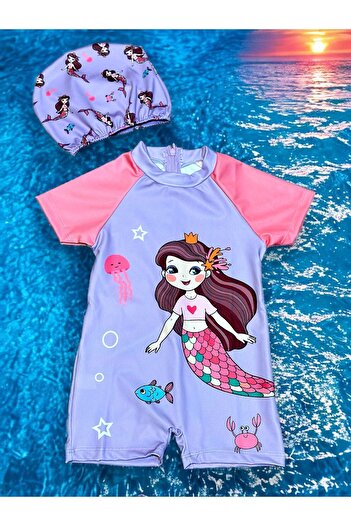 Lolliboomkids Girl's Mermaid Theme Sensitive Skin Zippered Half Body Multicolor Sun Protection Bonnet Swimsuit