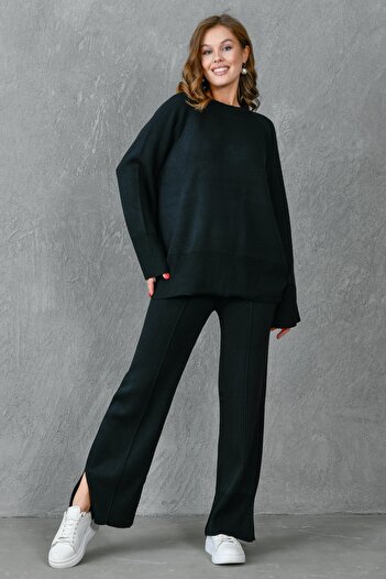 bayansepeti Flexible Black Knitwear - Split Oversize Set with Sweater and Trousers 1027