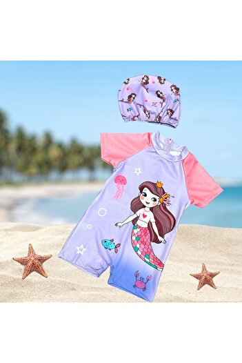 Lolliboomkids Girl's Mermaid Theme Sensitive Skin Zippered Half Body Multicolor Sun Protection Bonnet Swimsuit