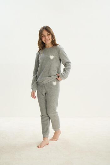 Sevim Polar Gray Melange Girl's Pajama Set - Long Sleeve Waiter C0T5N7O8