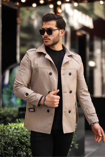 gm giyimarket Men's Seasonal Double Breasted Trench Coat with Epaulettes and Belt