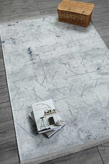 Oriente Home Iskandinav Desenli Açık Gri Mavi Şönil Makina Halısı Yolluk Yıkanabilir Koridor Halısı 7751