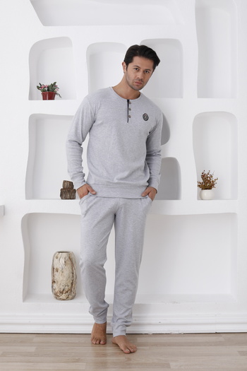 ERDENİZ TEKSTİL Men's Pajama Set - Button Collar, Cotton, Long Sleeve, Pocket, Elastic Sleeves and Feet (Autumn-Winter)