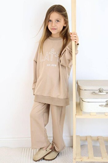 Riccotarz Girl's Beige Tracksuit Set - Latte Printed, Wide Leg Sweater