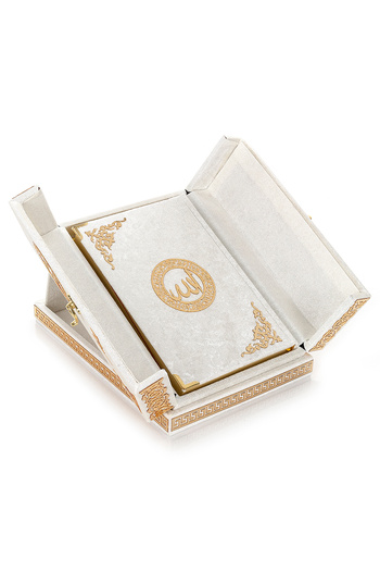 ihvan online Table Top Double Covered Velvet Covered Quran Set with Storage - White
