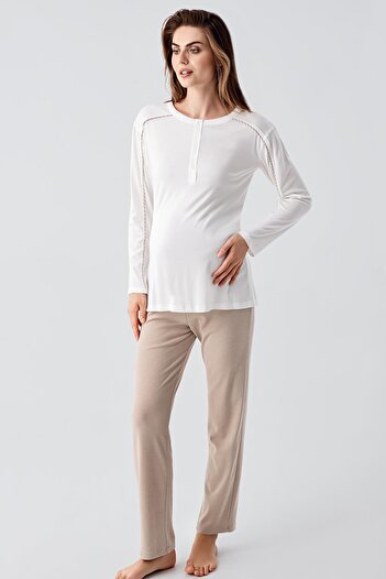 Artış Long Sleeve Stripe Flexible Ribbed Viscous Maternity Dressing Gown Pajama Set