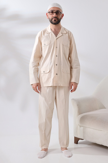 ihvan online Men's Linen 4-Pocket Double Safari Suit Hajj Umrah Clothing Cream